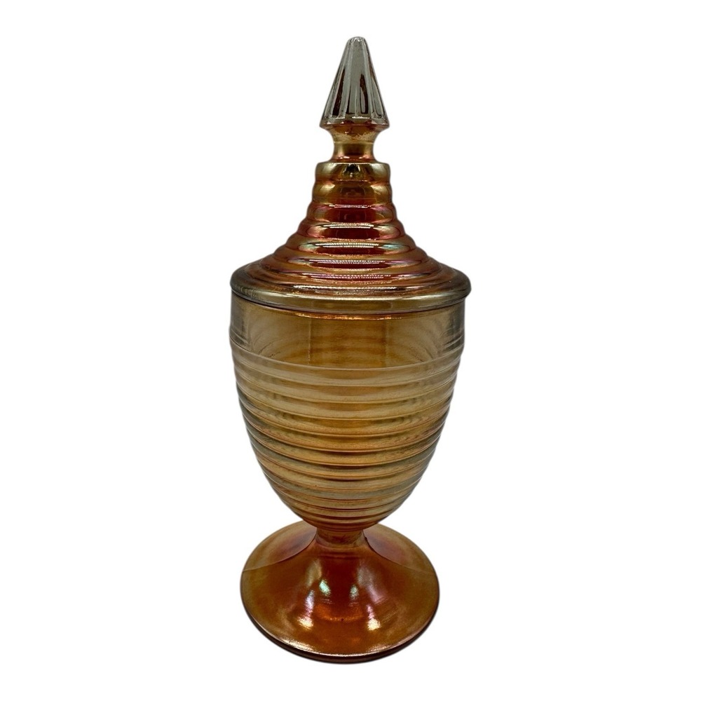 Marigold‎ Glass Manhattan Covered Pedestal Candy Dish Apothecary Jar Carnival